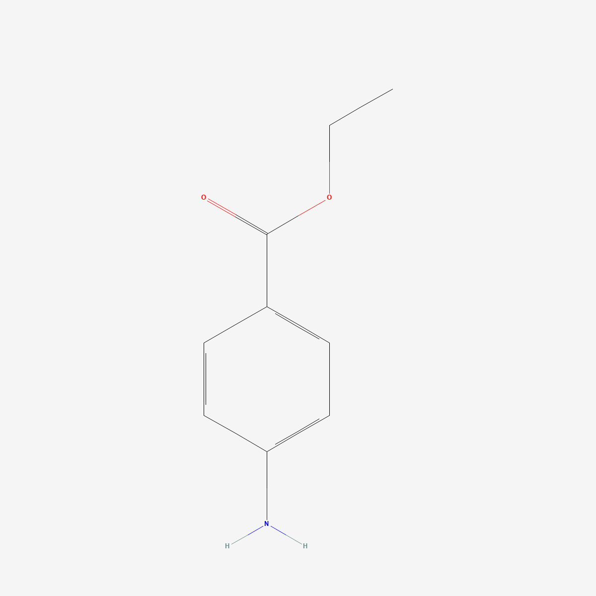 Two-dimensional skeletal structure of benzocaine, CAS 94-09-7, molecular formula C9H11NO2, molecular weight 165.19 g/mol