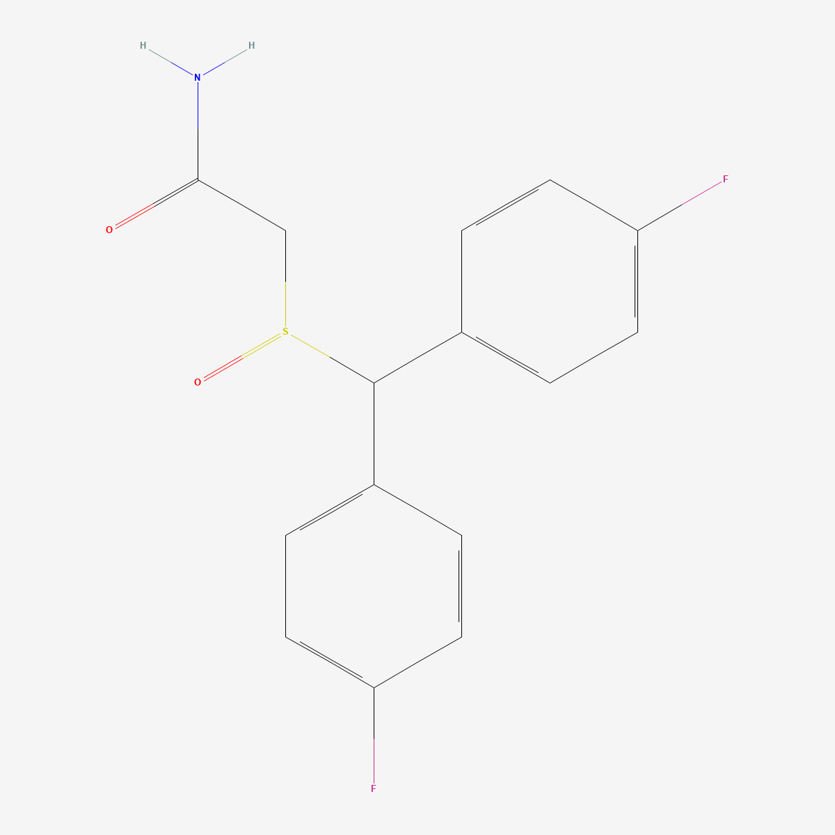 Two-dimensional skeletal structure of flmodafinil, CAS 90280-13-0, molecular formula C15H13F2NO2S, molecular weight 309.3 g/mol