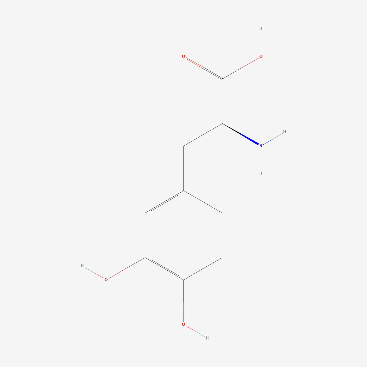 Two-dimensional skeletal structure of l-dopa, CAS 59-92-7, molecular formula C9H11NO4, molecular weight 197.19 g/mol
