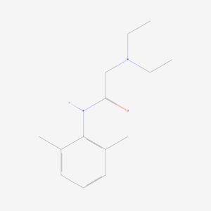 Two-dimensional skeletal structure of lidocaine, CAS 137-58-6, molecular formula C14H22N2O, molecular weight 234.34 g/mol