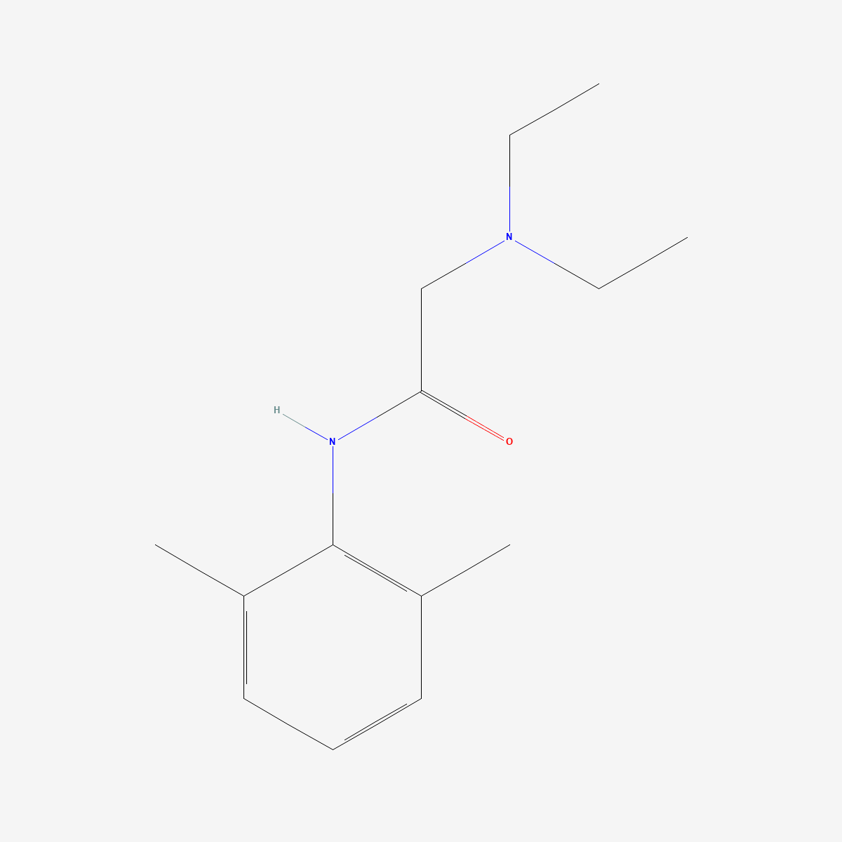 Two-dimensional skeletal structure of lidocaine, CAS 137-58-6, molecular formula C14H22N2O, molecular weight 234.34 g/mol