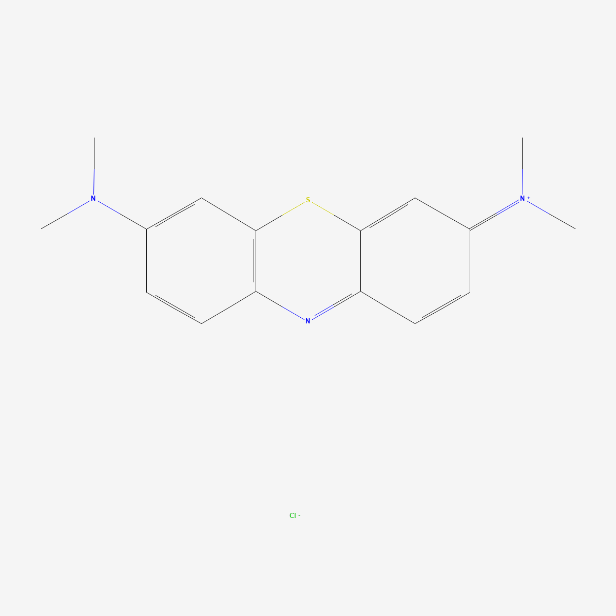 Two-dimensional skeletal structure of methylene blue, CAS 61-73-4, molecular formula C16H18ClN3S, molecular weight 319.9 g/mol