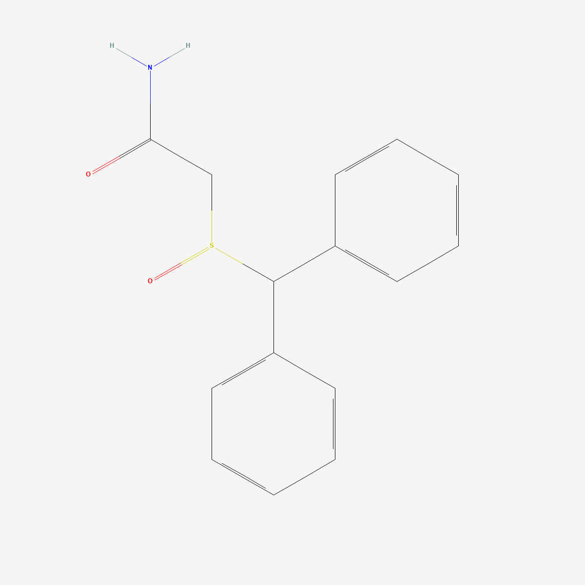 Two-dimensional skeletal structure of modafinil, CAS 68693-11-8, molecular formula C15H15NO2S, molecular weight 273.35 g/mol