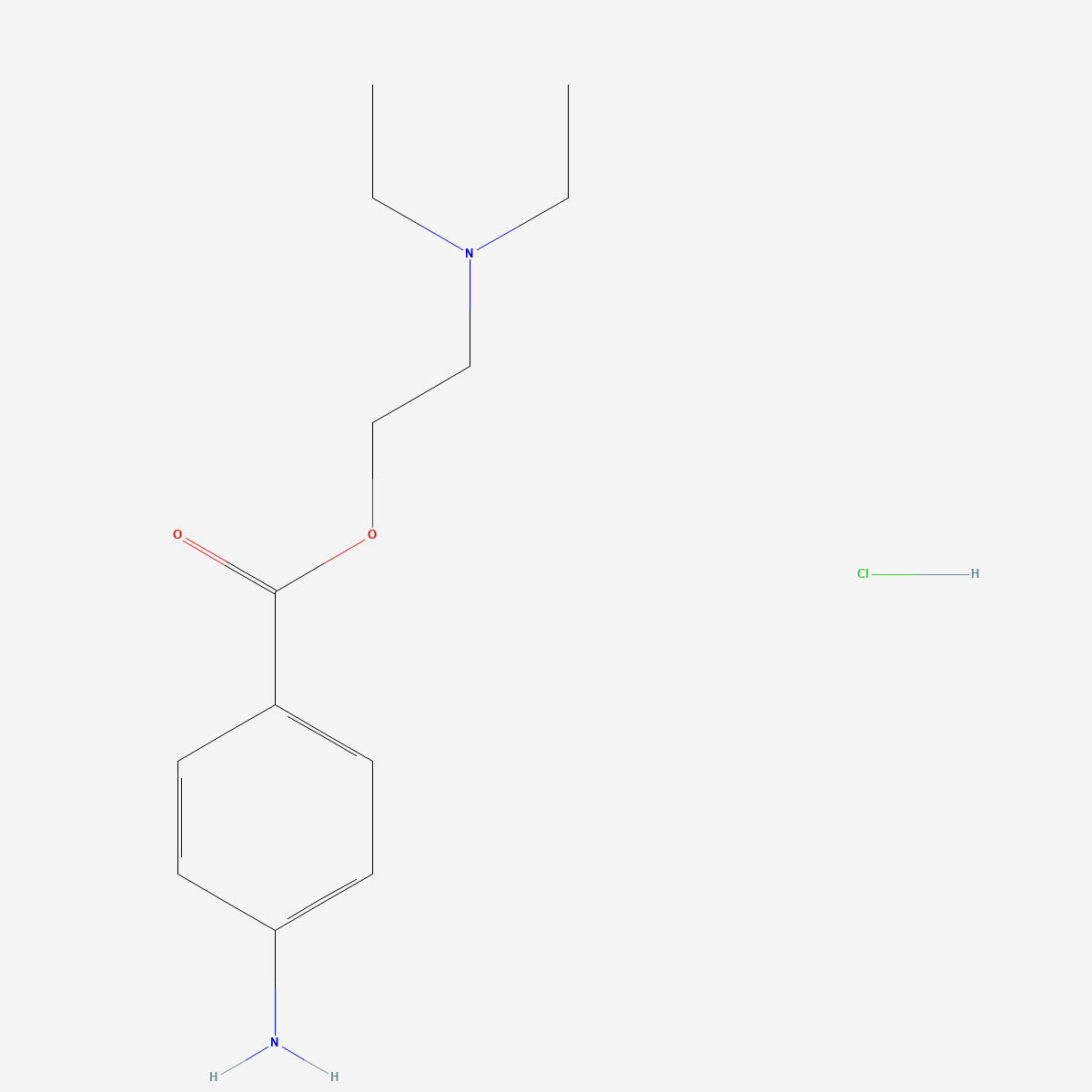 Two-dimensional skeletal structure of procaine hcl, CAS 51-05-8, molecular formula C13H21ClN2O2, molecular weight 272.77 g/mol