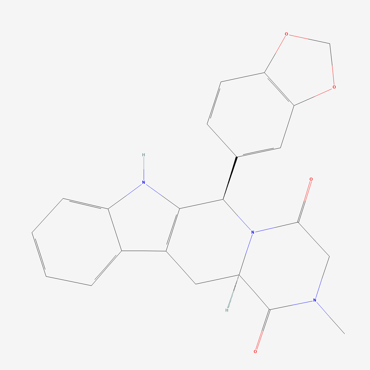 Two-dimensional skeletal structure of tadalafil, CAS 171596-29-5, molecular formula C22H19N3O4, molecular weight 389.4 g/mol